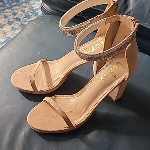 Lulu's Blush Nude Block Heel Sandals with Glitter Ankle Strap